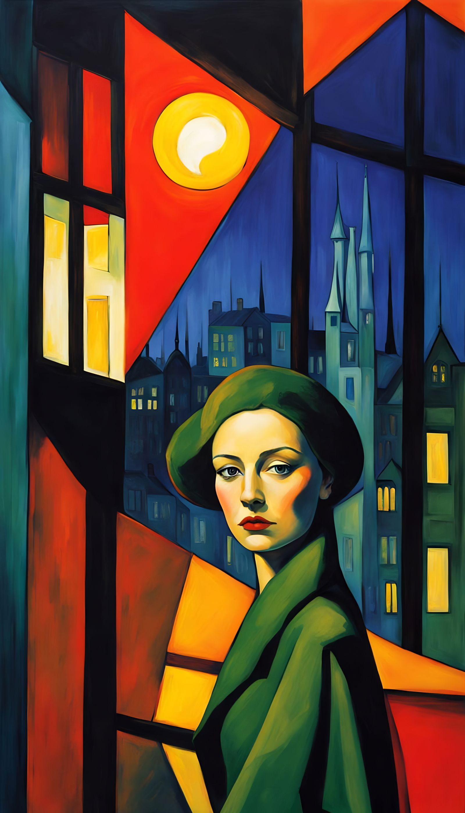 woman in green, under red moon, before blues city lights