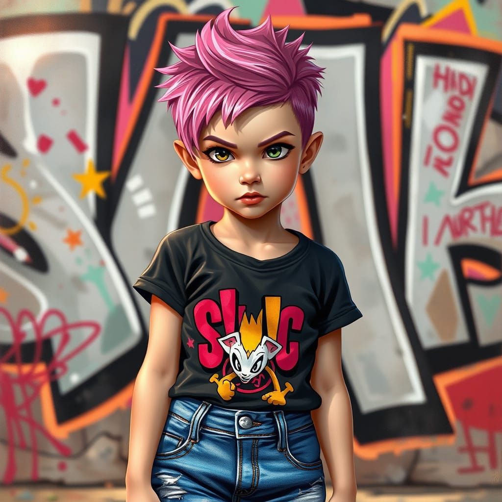 Fearless Young Girl in Urban Graffiti