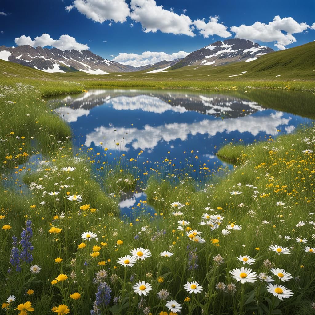 Mountain Lake Wildflower Meadow in High Resolution