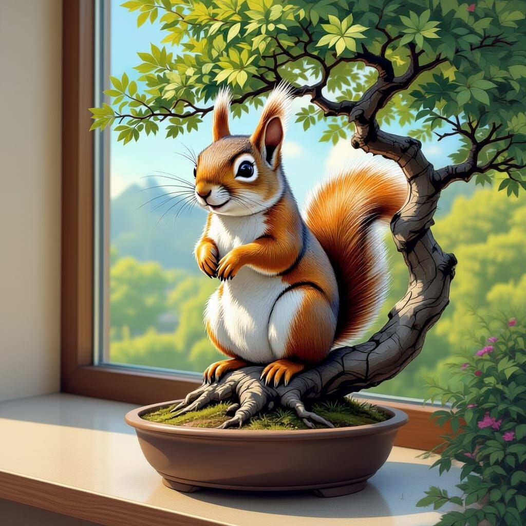 Cute Squirrel on Bonsai Oak with Cafe Background
