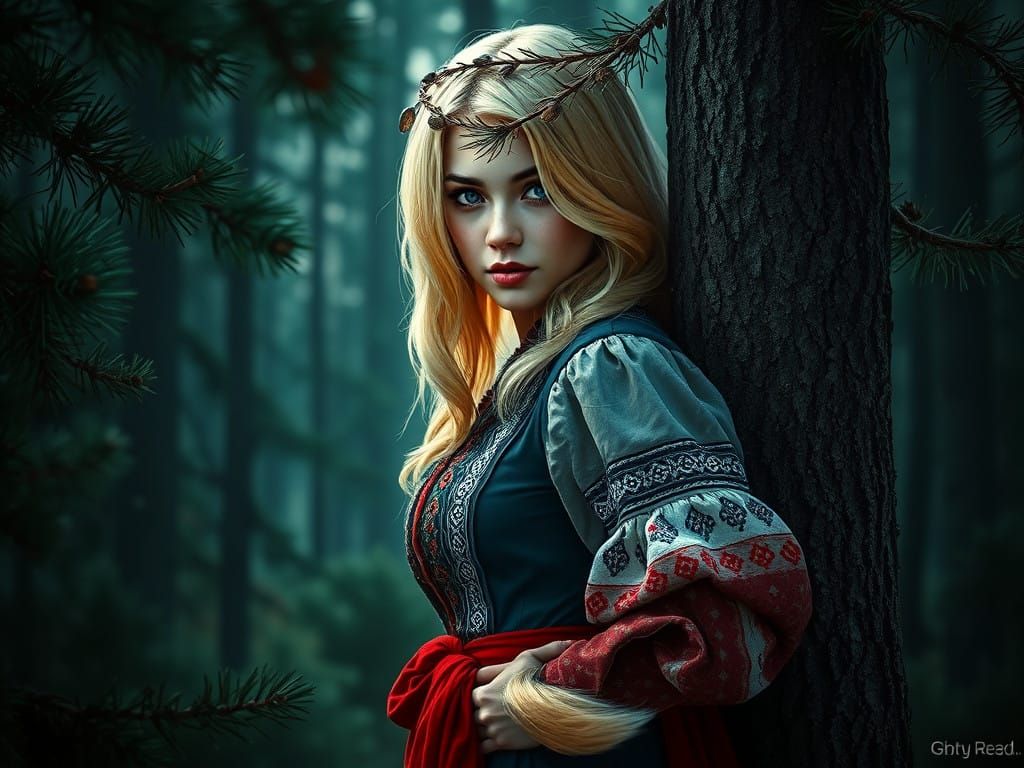Norwegian Maid Enchanted in the Dark Pine Forest