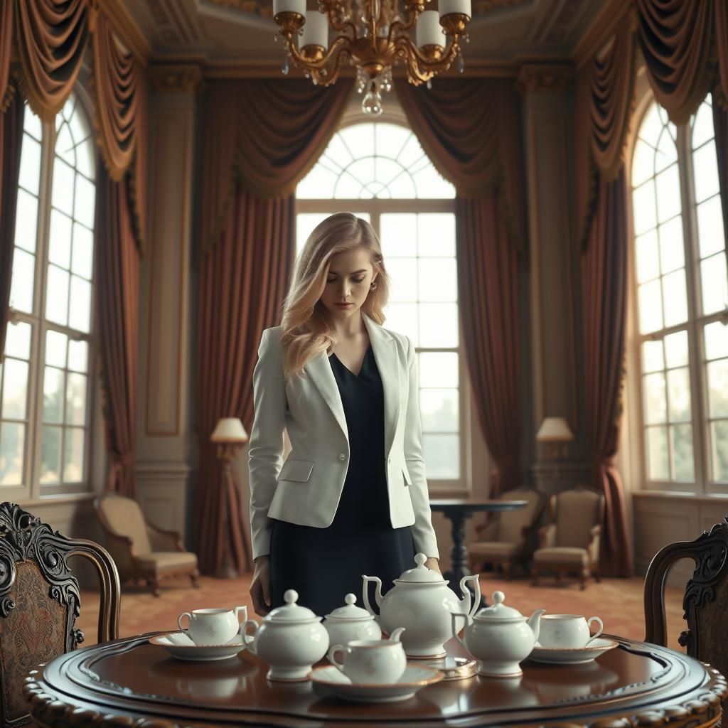 Woman with Tea Set in High Fantasy Interior