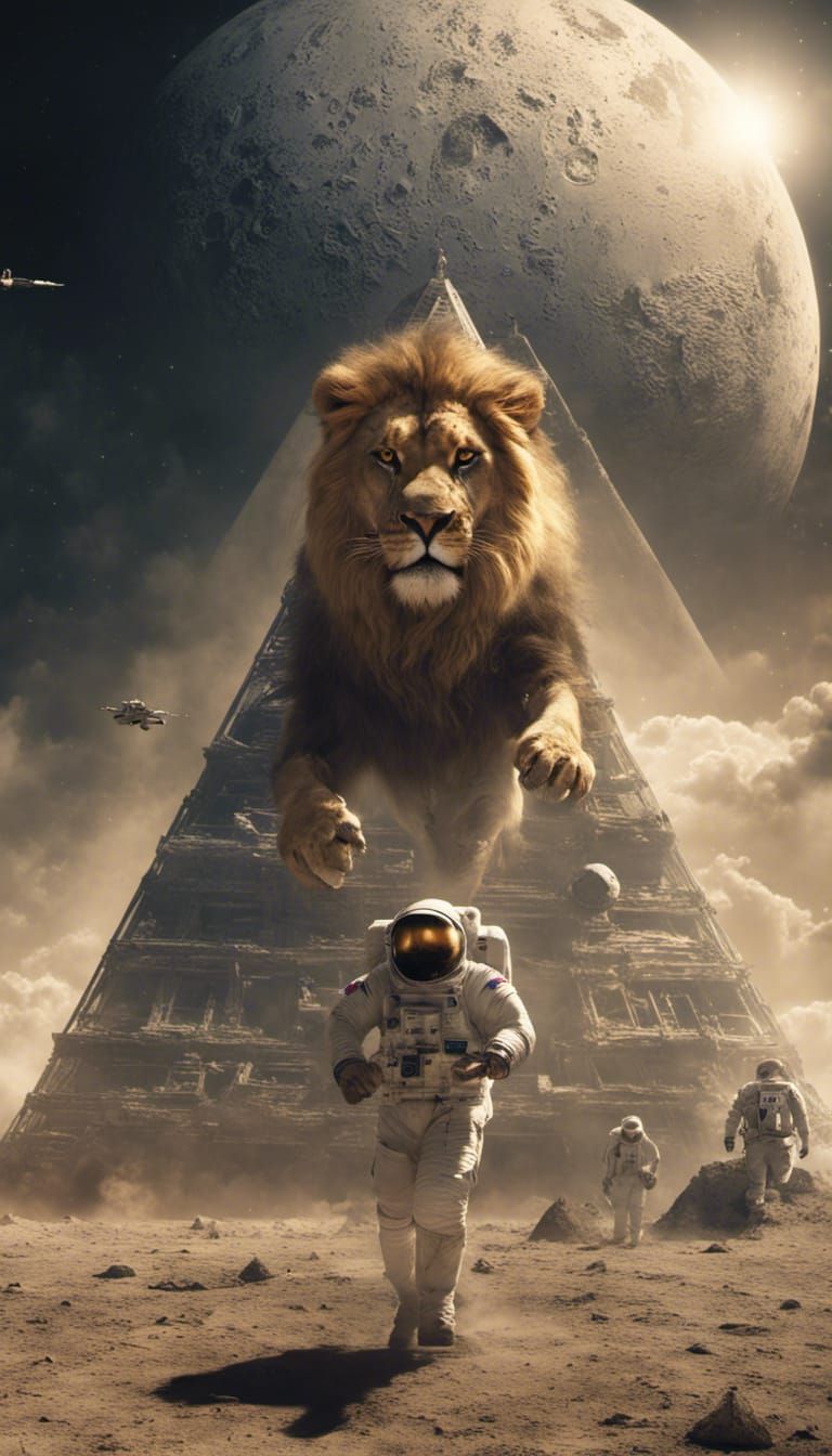 Lion Attacks Astronaut on Moon with Pyramid