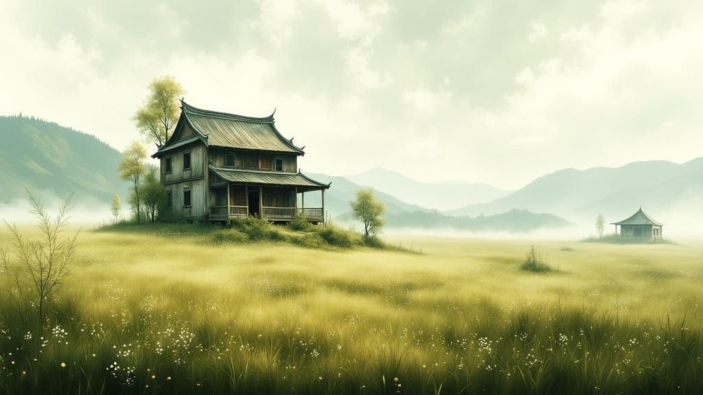 Weathered Chinese Farmhouse in Misty Meadow
