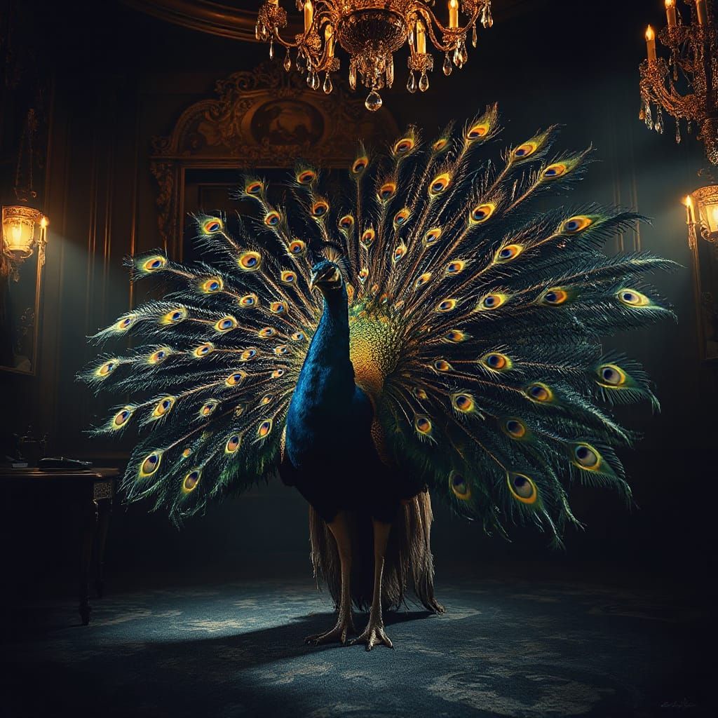 Majestic Peacock in Opulent Ballroom with Cinematic Lighting