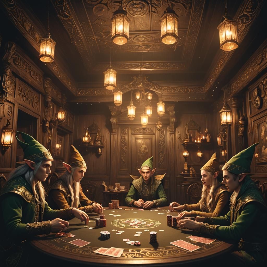 Elves Play Poker in Ornate Room