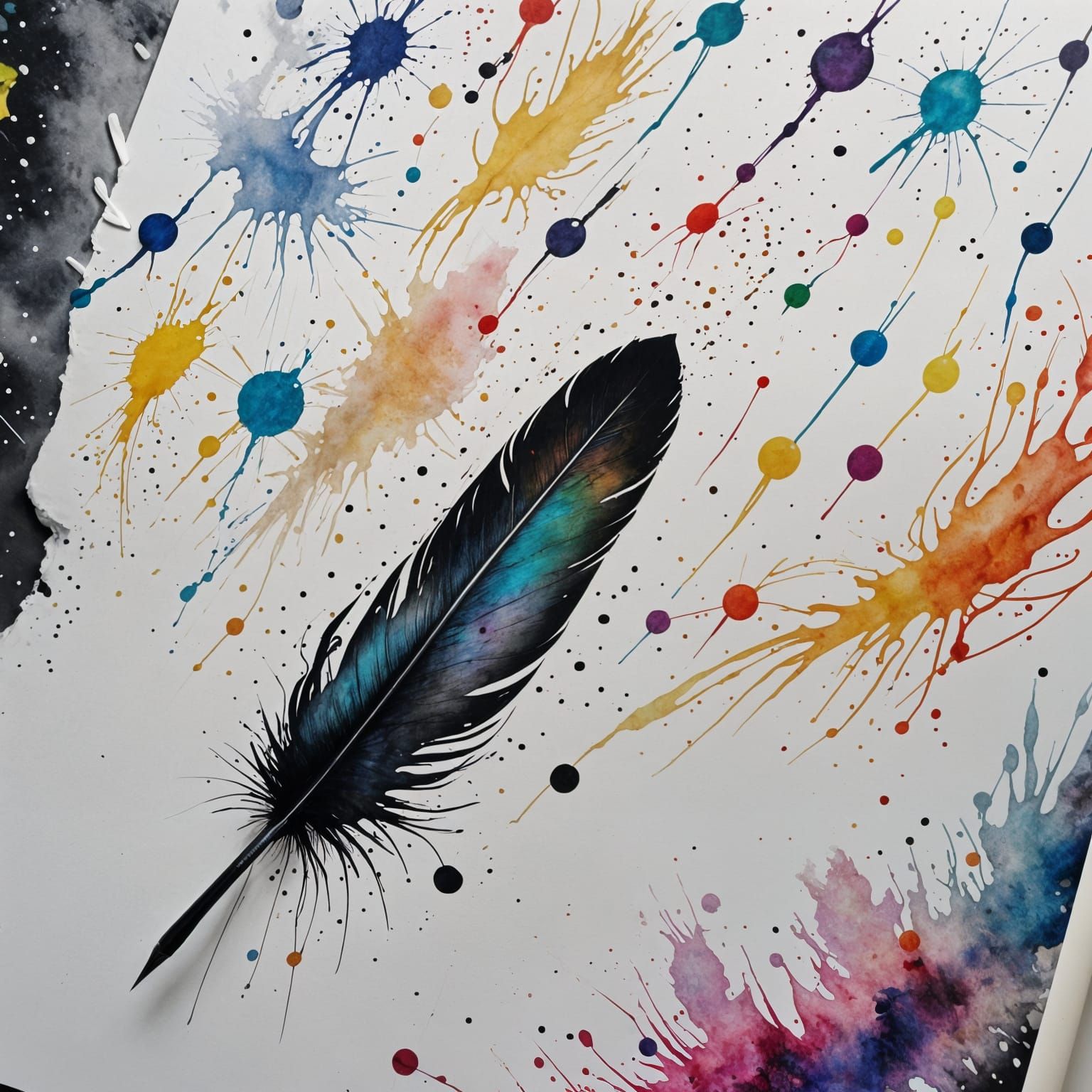 Rainbow Ink Feather on White Page