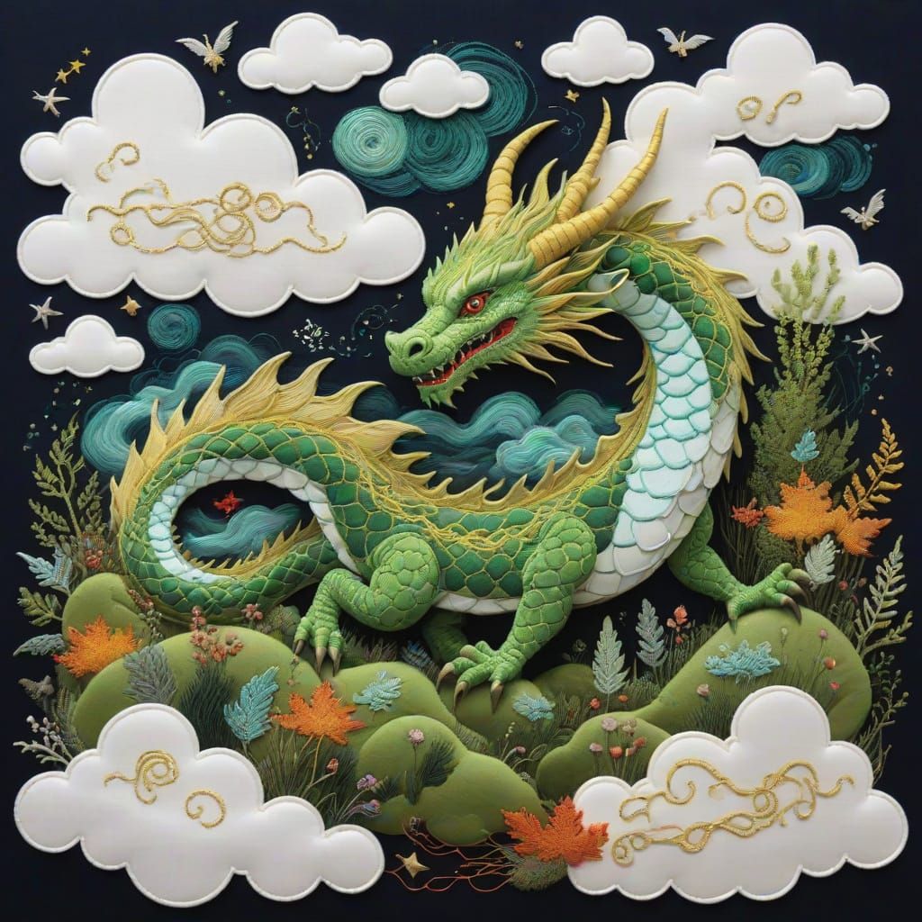 Embroidered Fantasy Landscape with Dragons