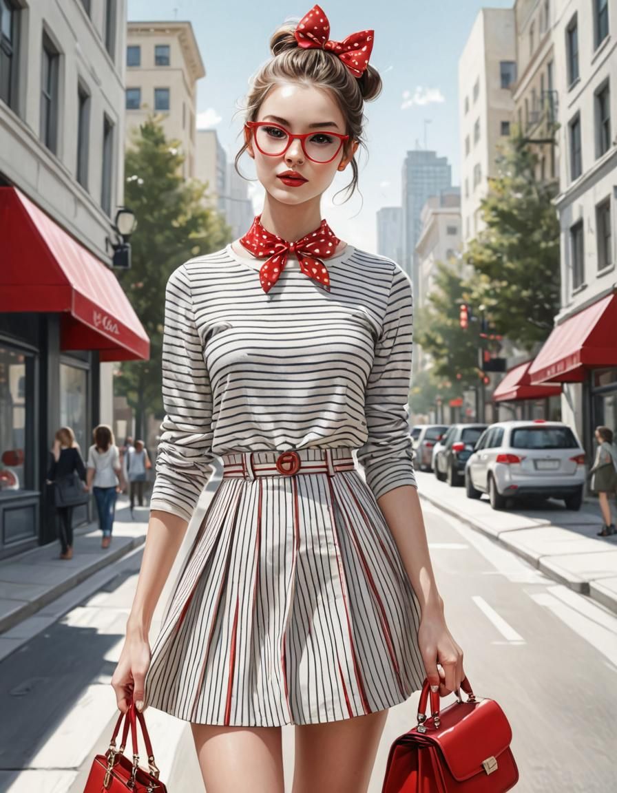 Stylish Girl with Red Bow in Hand-Drawn Illustration