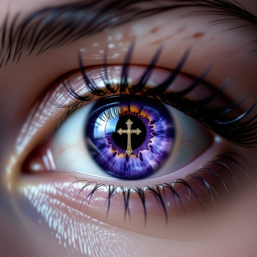 Hyperrealistic Human Eye with Golden Cross and Key in Pupil