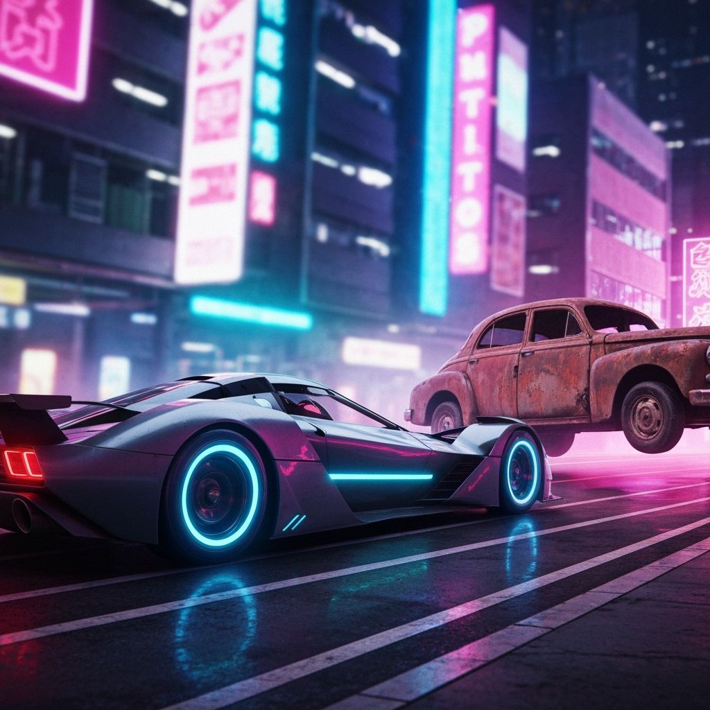 Futuristic Race Car in Neon Cityscape