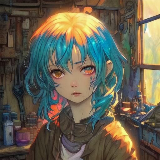 Hopeful Young Orphan in Vibrant Workshop