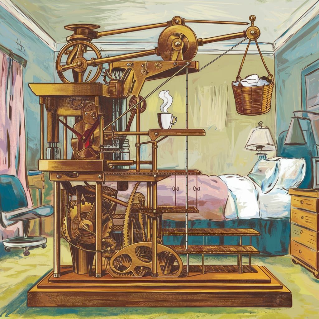 Heath Robinson Coffee Delivery Contraption Illustration