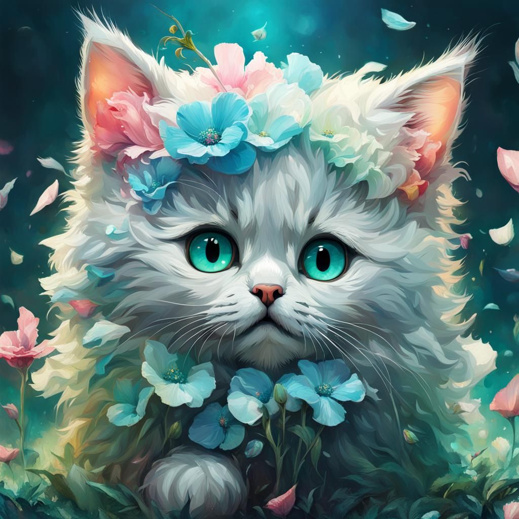 Cute Kitten with Rainbow Theme, Hyperdetailed Digital Art