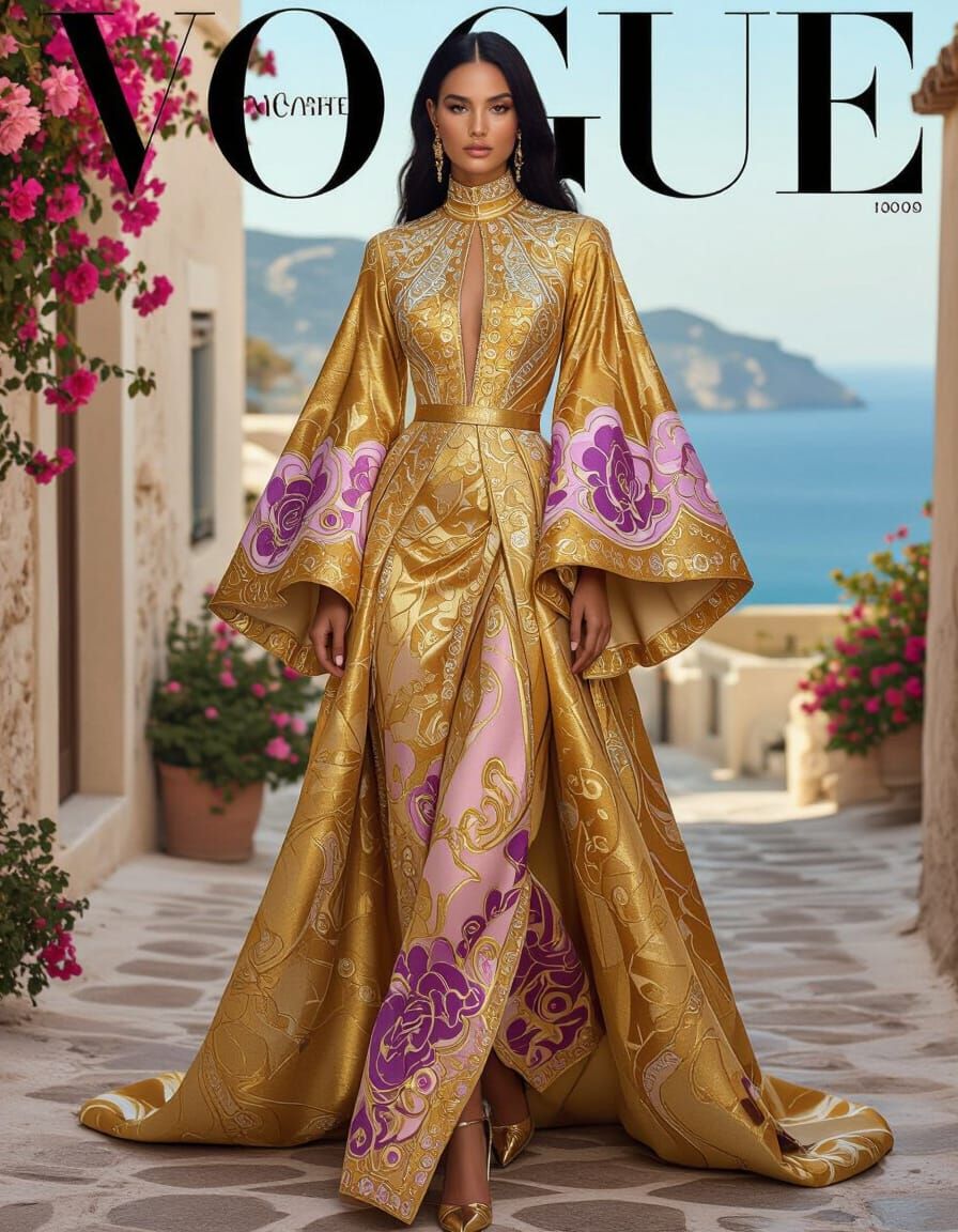Vogue Cover: Elegant Model in Golden Haute Couture