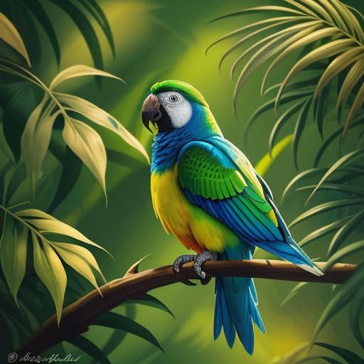 Colorful Parrot in Lush Forest, Oil Painting