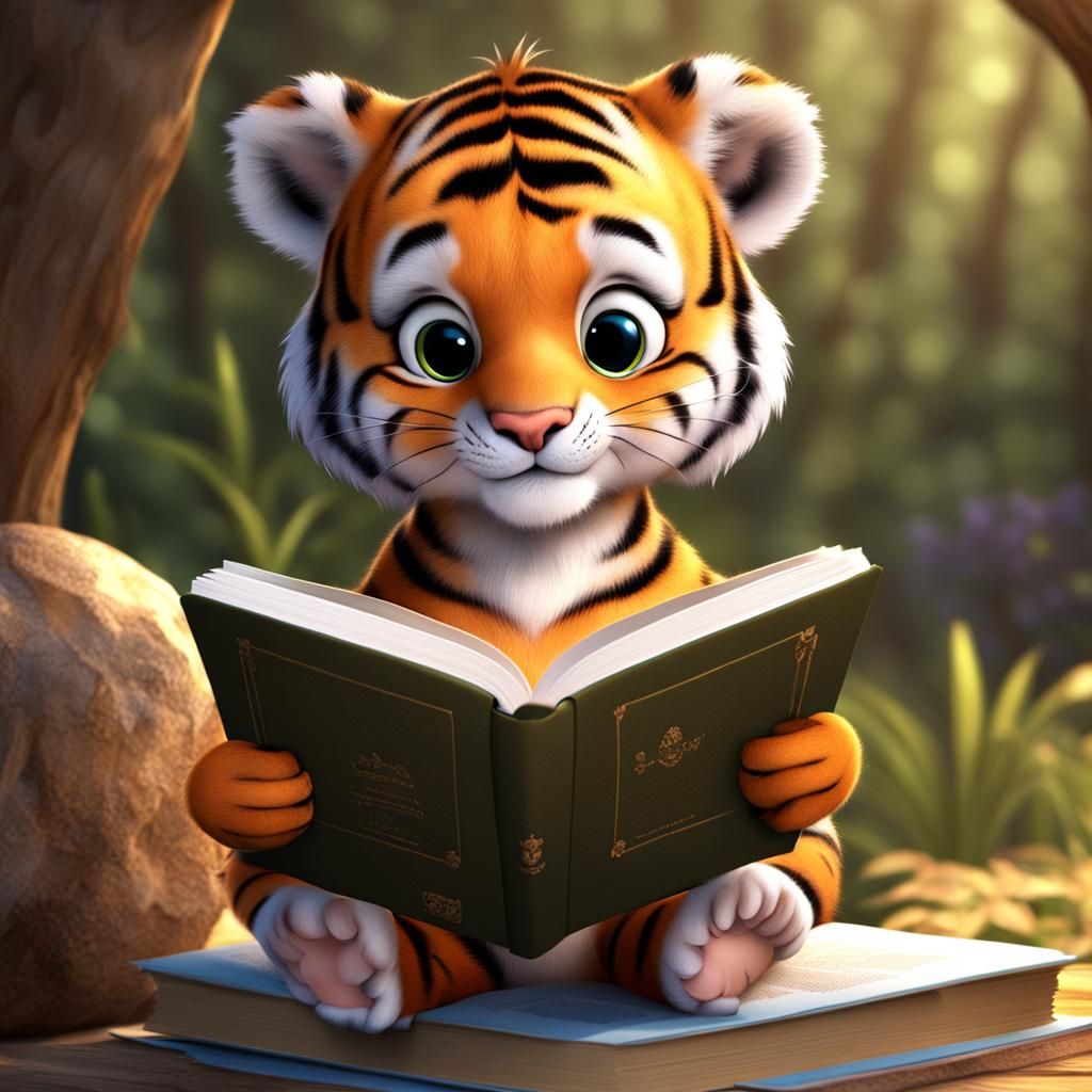 Cute 3D Cartoon Baby Tiger Reading a Book