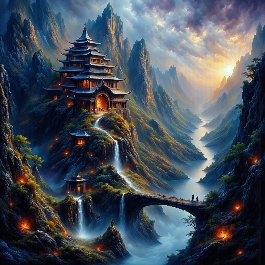 Celestial Mountain Palace in Wuxia Fantasy Style