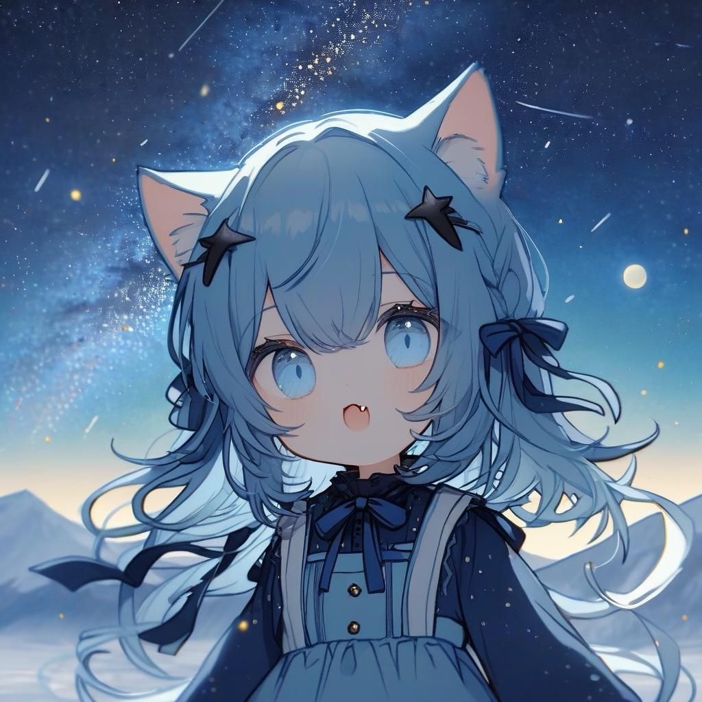 Adorable Chibi Catgirl with Blue Hair in Tundra