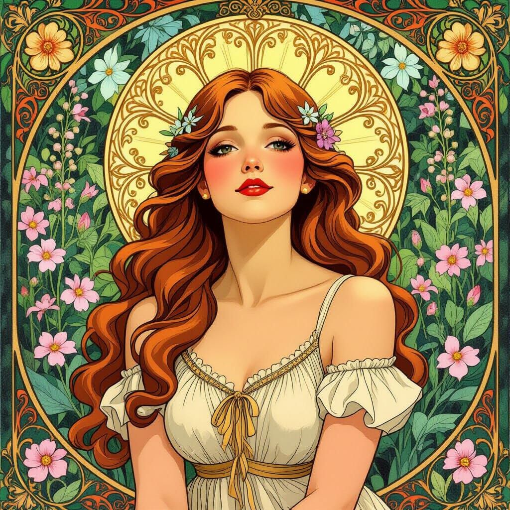 Woman in Flower Garden in Art Nouveau Style