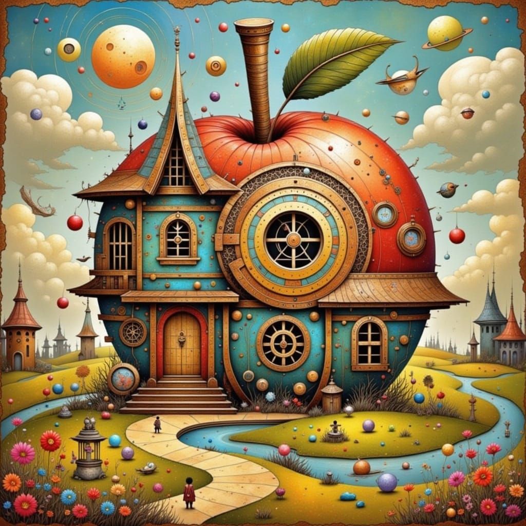 Vibrant Steampunk Mansion Amidst an Orchard