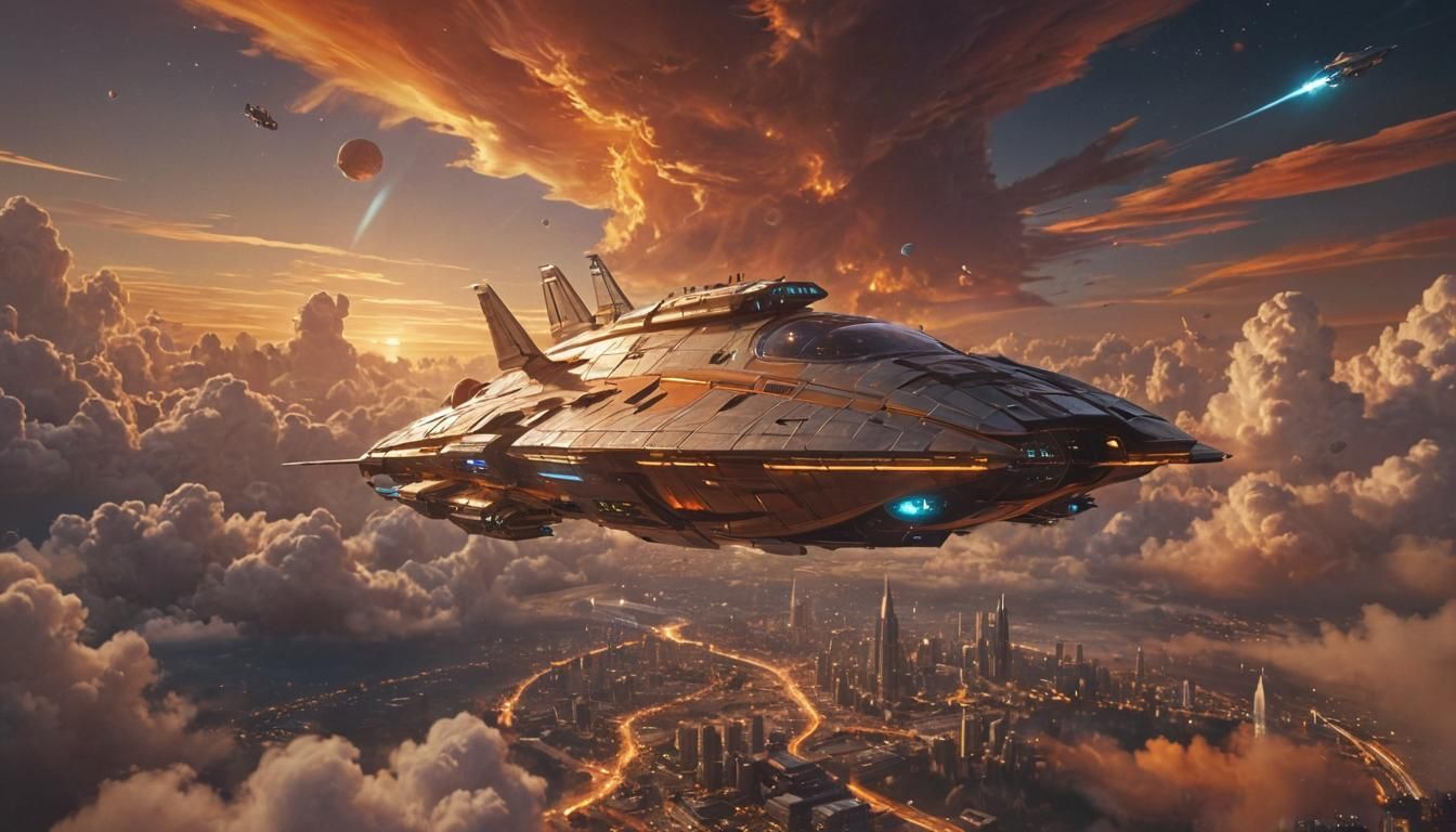 Spaceship Over Floating City in Digital Art Style