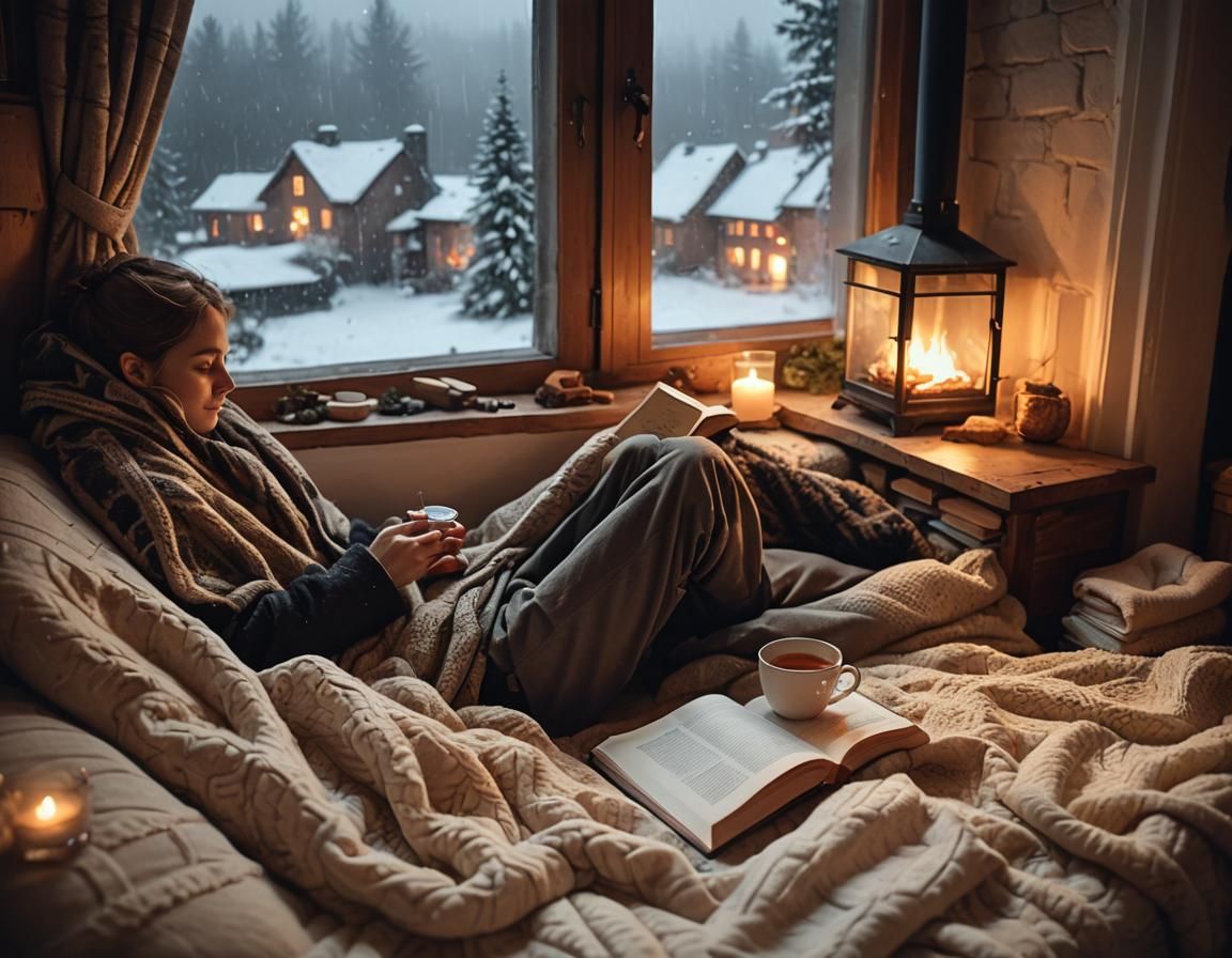 Cozy Nook Scene with Fireplace and Rainy Window