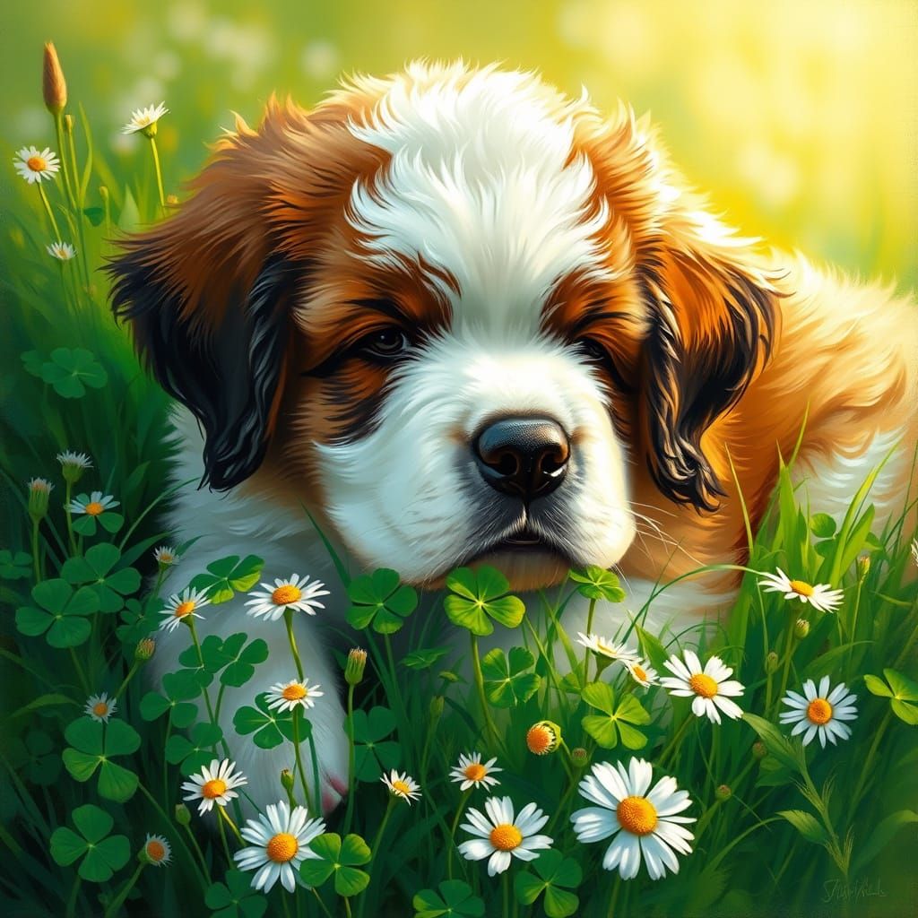 St Bernard Puppy in a Lush Emerald Meadow