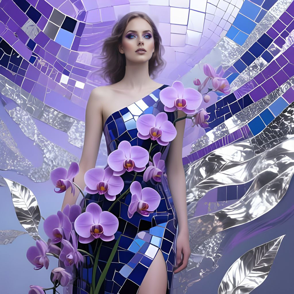 Woman in Orchid Dress with Mosaic and Platinum Leaf