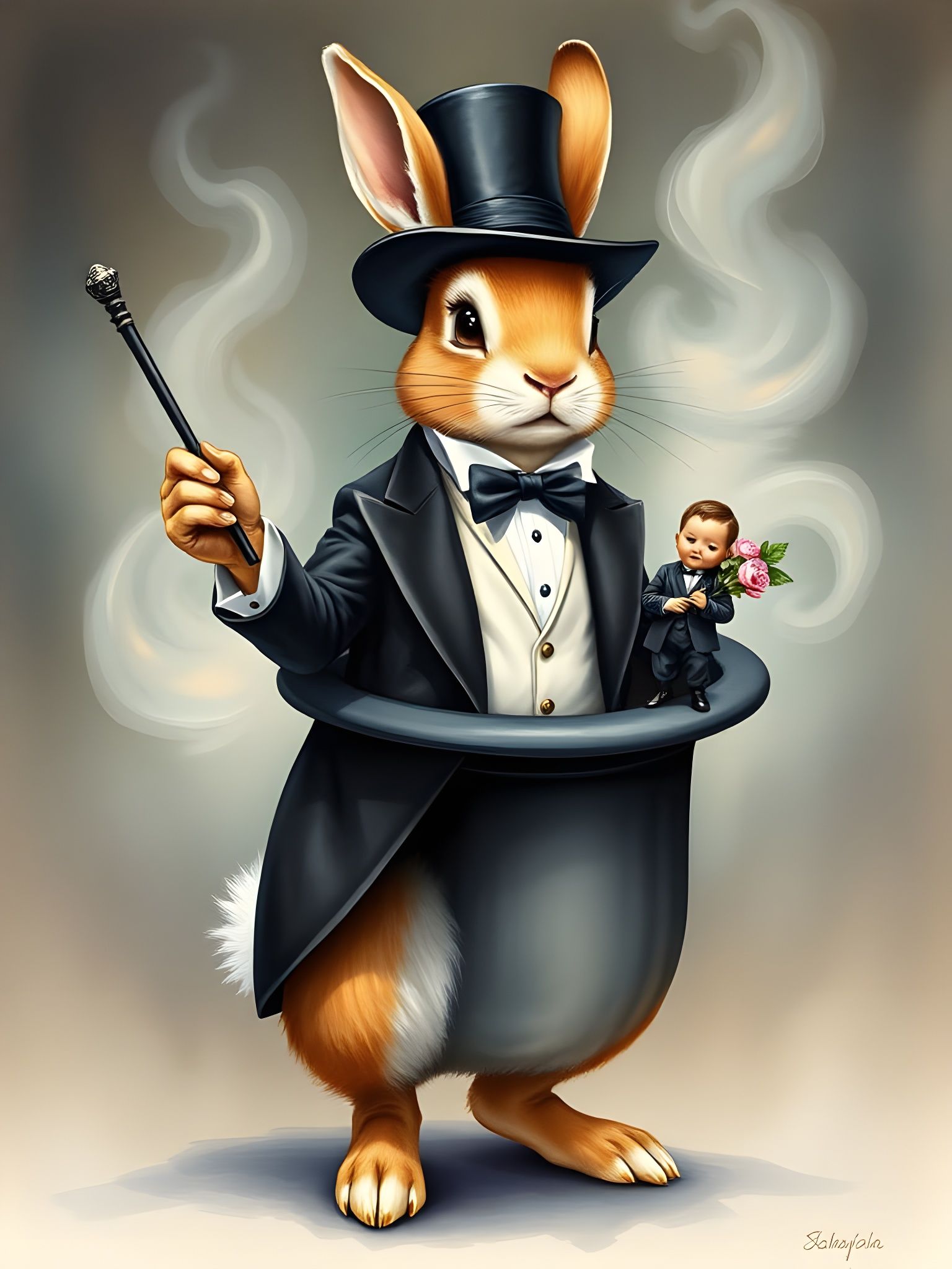 Anthropomorphic Bunny Pulls Human from Vintage Top Hat in Wh...