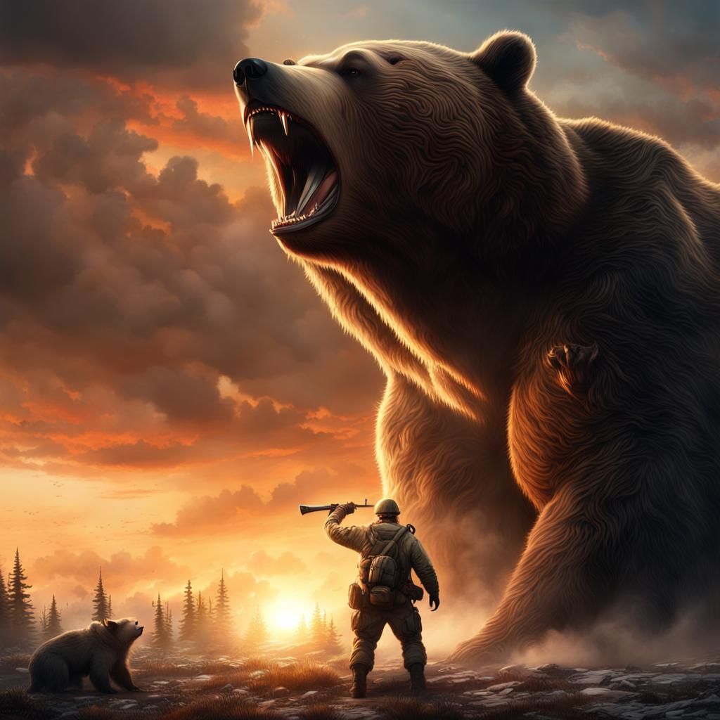 Soldier and Giant Bear Faceoff at Sunset