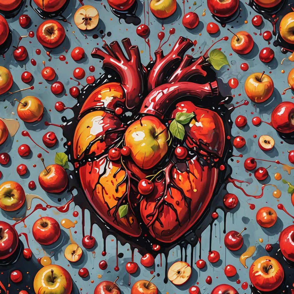 Graffiti Heart Surrounded by Fruit in Street Art Style