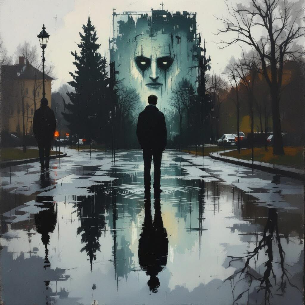 Distorted Reflection in Rainy Puddle, Moody Art