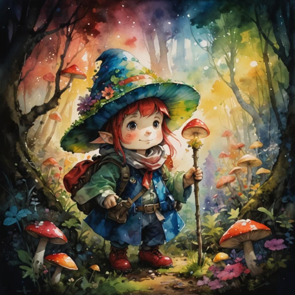 Whimsical Watercolor Gnome Embarks on Fairy Forest Adventure