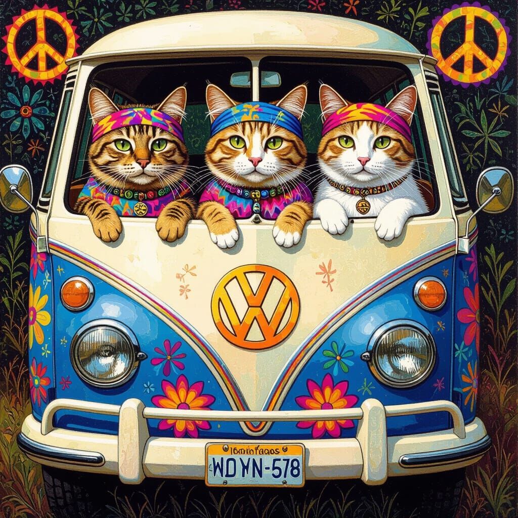 Hippie Cats in VW Van: Psychedelic Folk Art