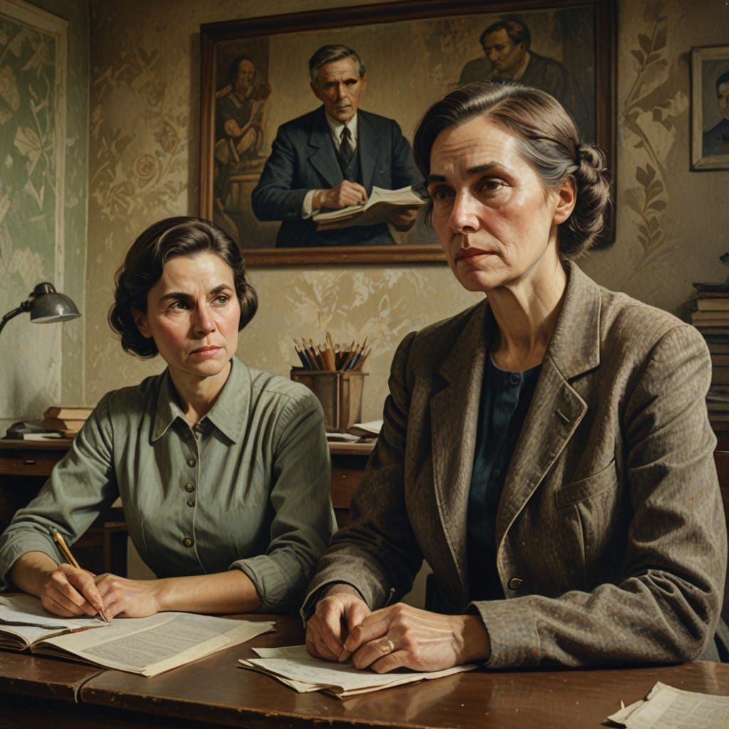 Socialist Realism Teacher in Faded Classroom Oil Painting