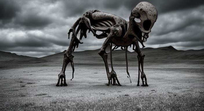 Eerie Bone Creature in Dark Fantasy Landscape