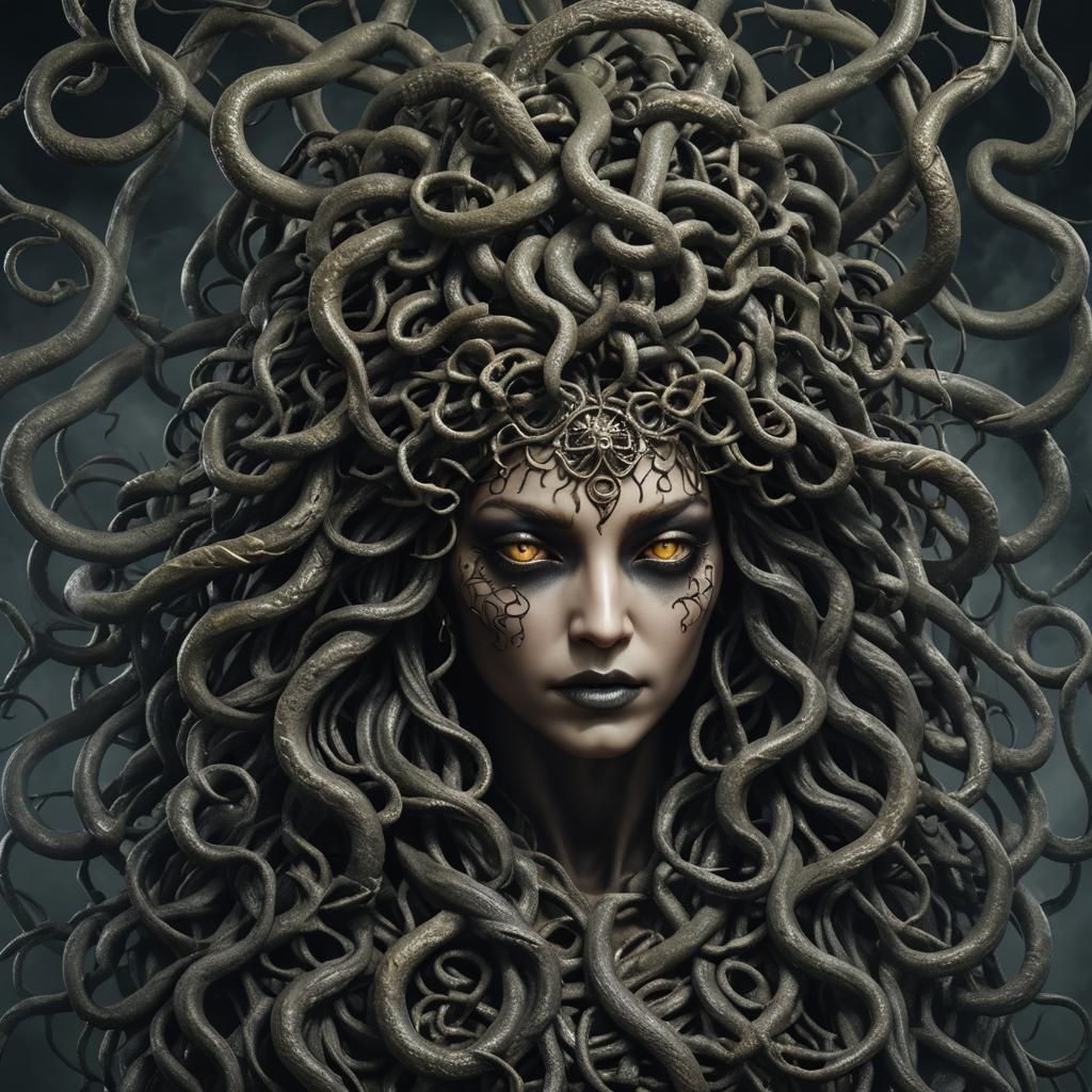 Mysterious Dark Medusa in Hyperrealistic Style
