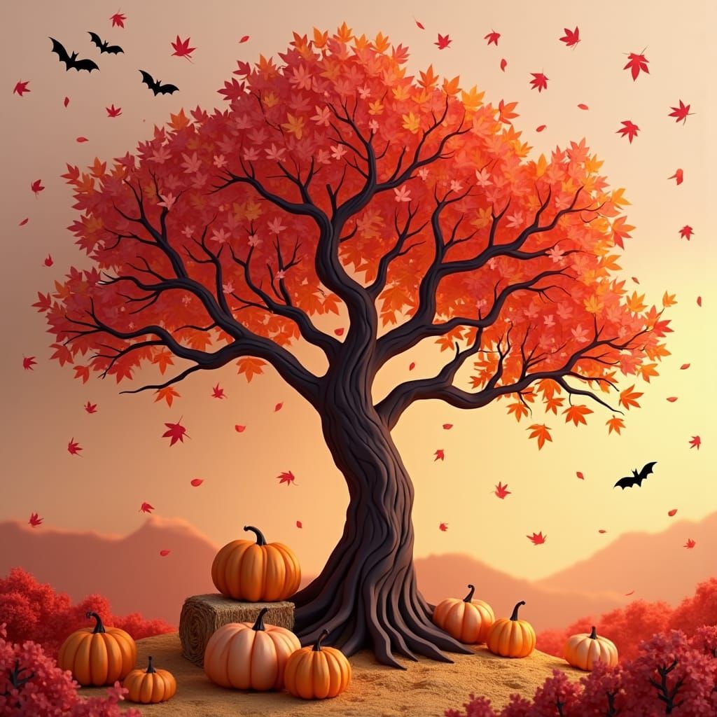 Autumnal Origami Scene with Maple Tree and Sunset