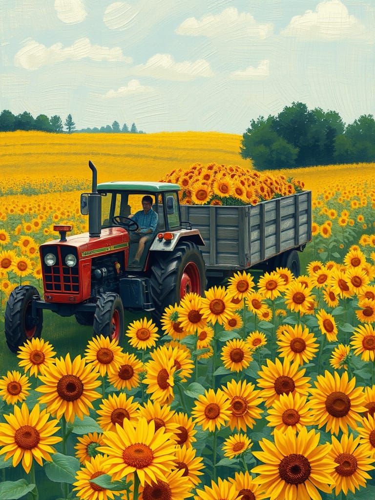 Harvest Tractor Amidst Sunflowers as Gouache Painting