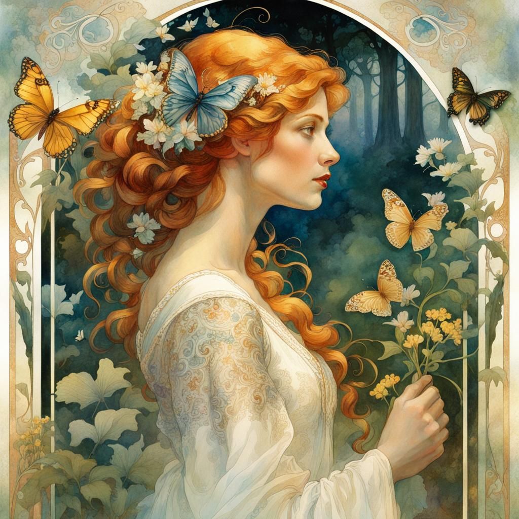 Ginger Woman with Butterflies, Art Nouveau Watercolor