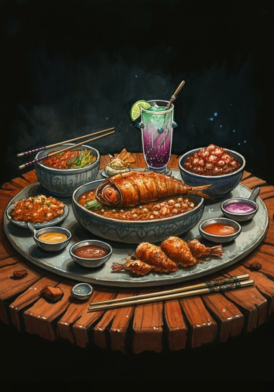 Fantasy Food Feast in Vibrant Watercolor