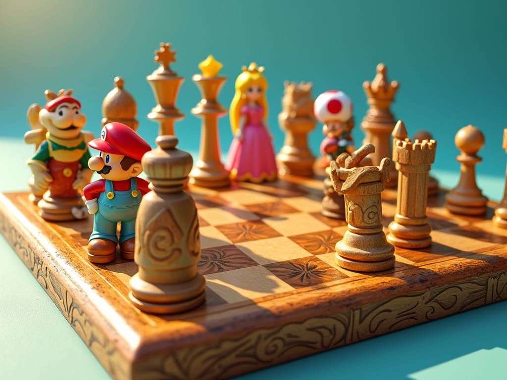 Whimsical Nintendo Chess Set in Polished Wood