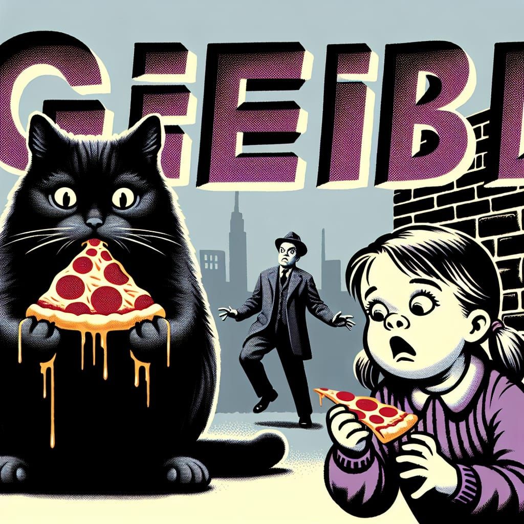 Black Cat Steals Pizza From Girl Near 'Geeb' Sign