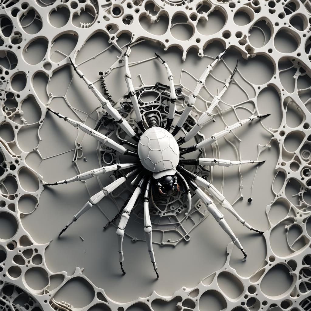 Mechanical White Spider Studio Shot in Cinematic Style