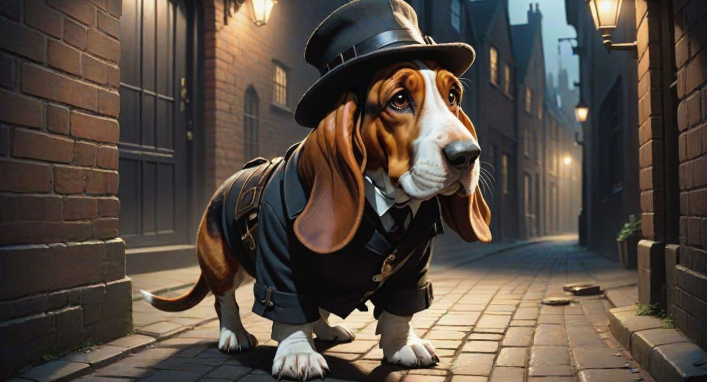 Basset Hound Detective in Dark London Alleyway