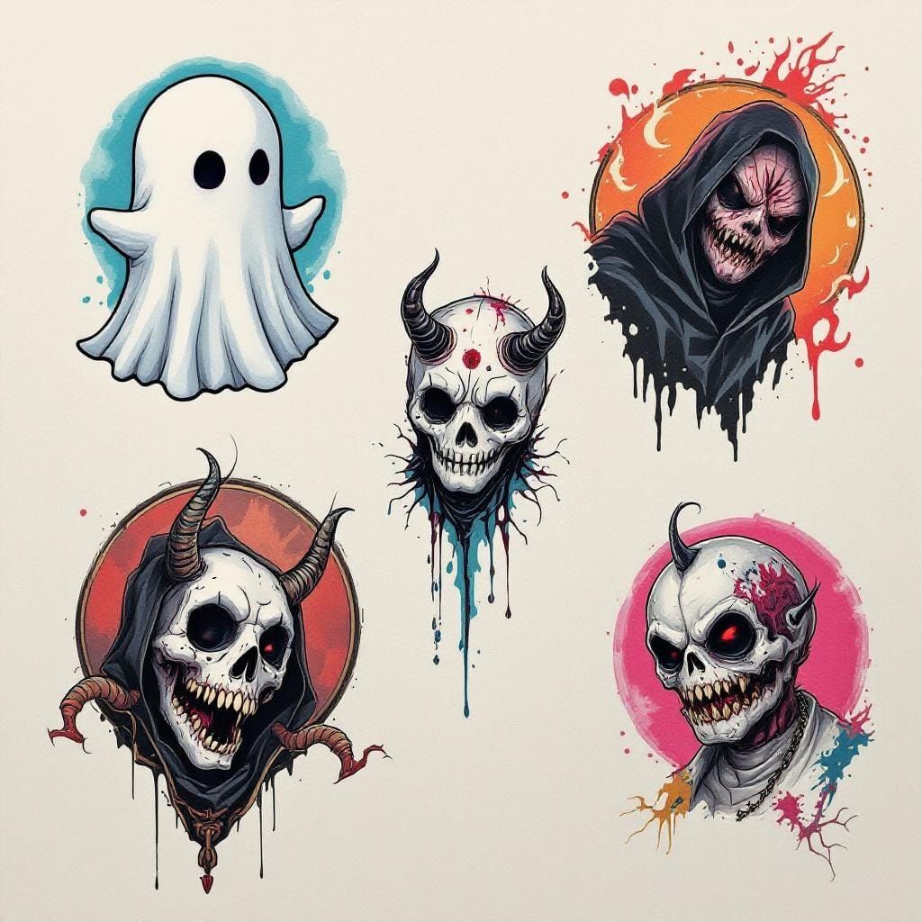 Halloween Flash Tattoo Sheet in Hyperrealistic Style