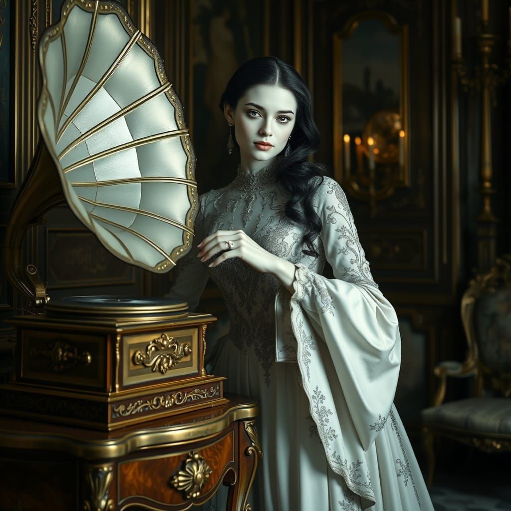 Art Nouveau Albino Lady with Baroque Gramophone