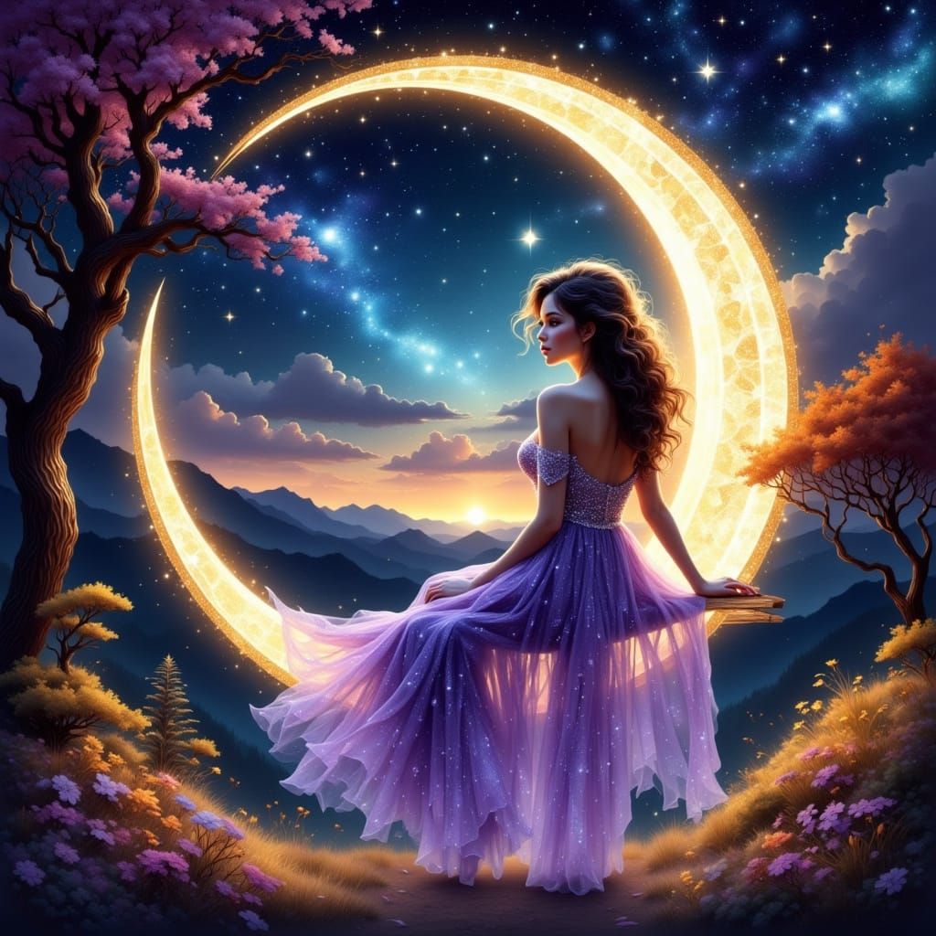 Surreal Fairy on Crescent Moon Swing in Ethereal Purple Gown