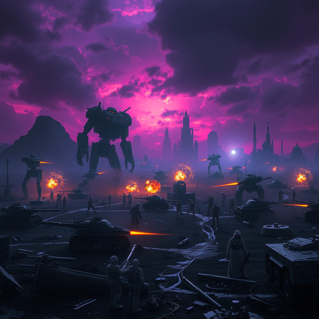 Eternal Battlefield Ruled by AI Overlords in Cyberpunk Style
